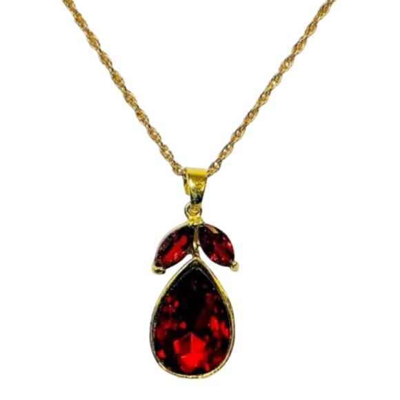 Vintage Red Rhinestone Pear Pendant Necklace 24" Gold Tone - Picture 1 of 16